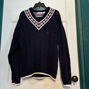 Vintage Izod Crest Cable Knit V-Neck Tennis Sweater with Argyle Trim**DISTRESSED
